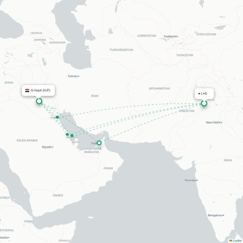 Mapa de vuelo directo Lahore - Nayaf