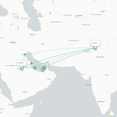 Mapa de vuelo directo Lahore - Riad
