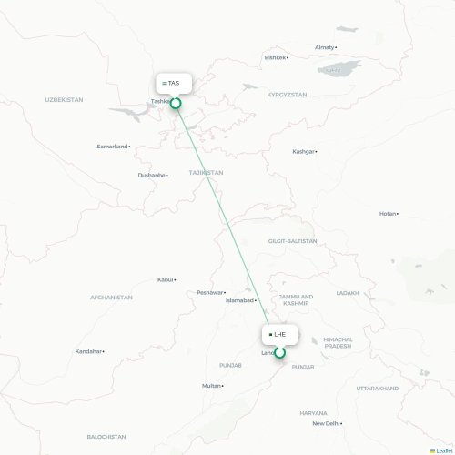 Mapa de vuelo directo Lahore - Taskent