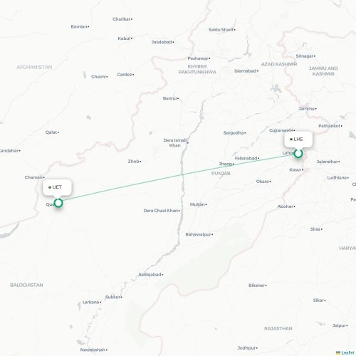 Mapa de vuelo directo Lahore - Quetta