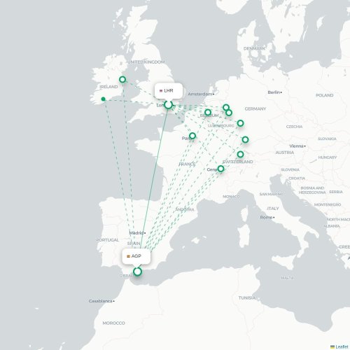 Mapa de vuelo directo Londres - Málaga