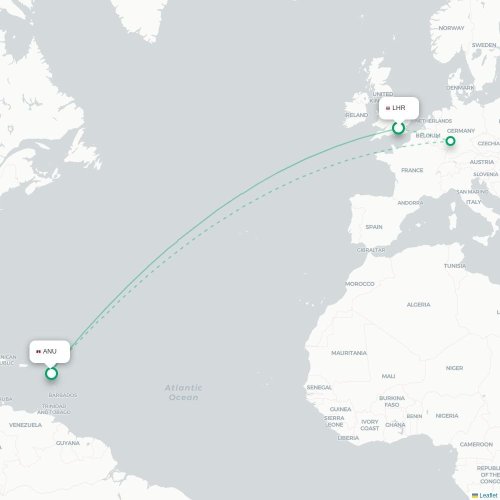 Mapa de vuelo directo Londres - Saint John's