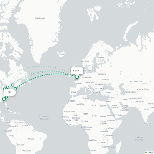 Mapa de vuelo directo Londres - Atlanta