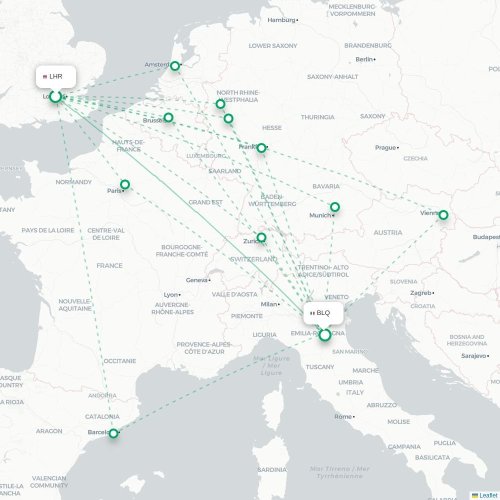 Mapa lotu bezpośredniego Londyn – Bolonia