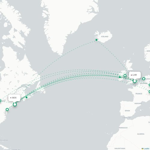 Mapa de vuelo directo Londres - Boston