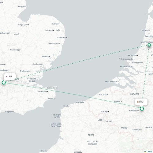 London - Brussels karta över direktflyg