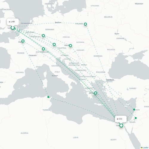 Mapa de vuelo directo Londres - El Cairo