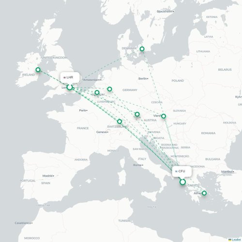 Mapa de vuelo directo Londres - Corfú, Corfú