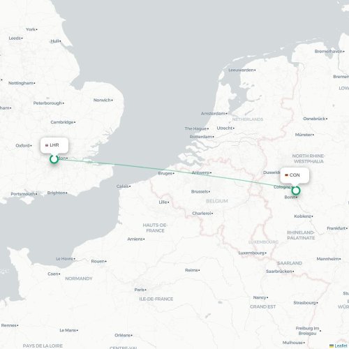Mapa de vuelo directo Londres - Colonia