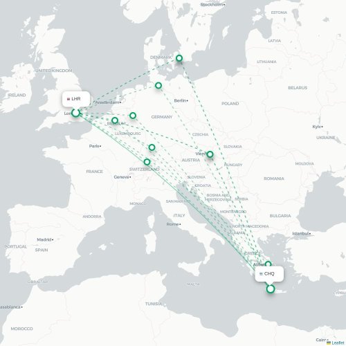 Mapa de vuelo directo Londres - La Canea