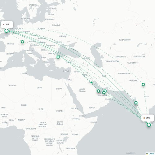 Mapa de vuelo directo Londres - Colombo