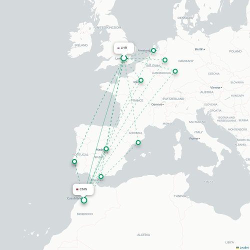 Londen - Casablanca kaart van rechtstreekse vlucht
