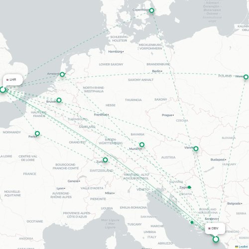 Mapa lotu bezpośredniego Londyn – Dubrownik