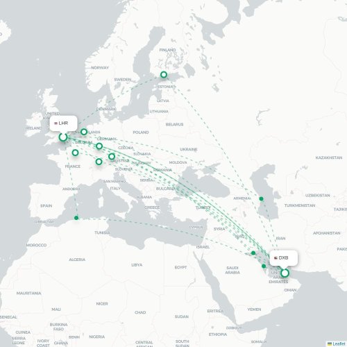 Mapa de vuelo directo Londres - Dubái
