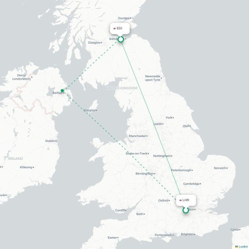 Mapa de vuelo directo Londres - Edimburgo
