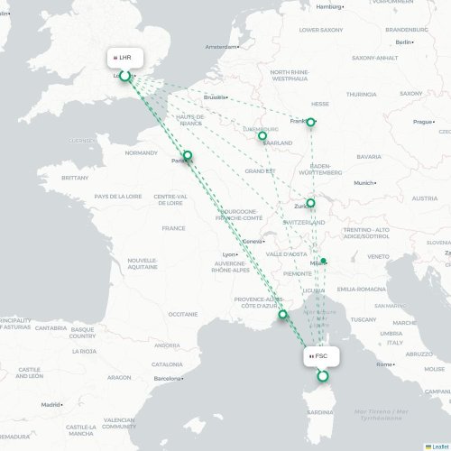 Mapa de vuelo directo Londres - Figari