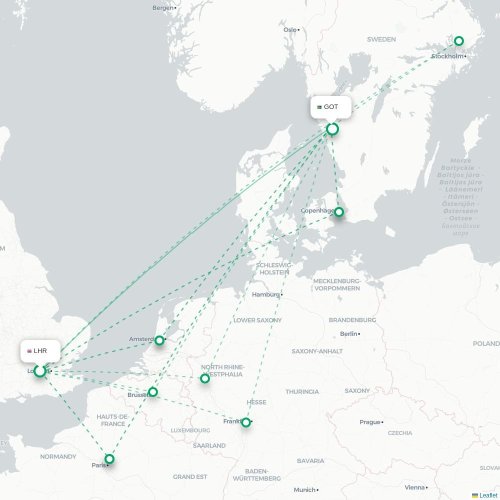 London - Göteborg kort over direkte fly