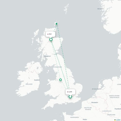 Mapa de vuelo directo Londres - Inverness