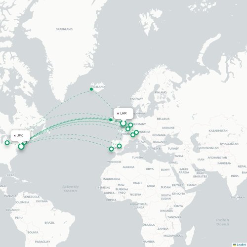 Mapa de vuelo directo Londres - Nueva York