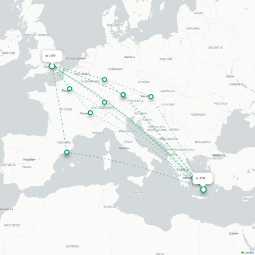 Mapa de vuelo directo Londres - Fira