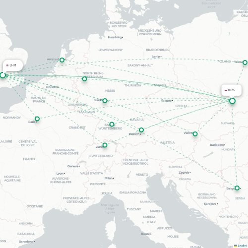 Mapa de vuelo directo Londres - Cracovia