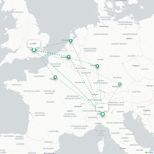 Mapa lotu bezpośredniego Londyn – Mediolan