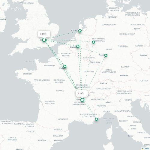 Mapa de vuelo directo Londres - Lyon