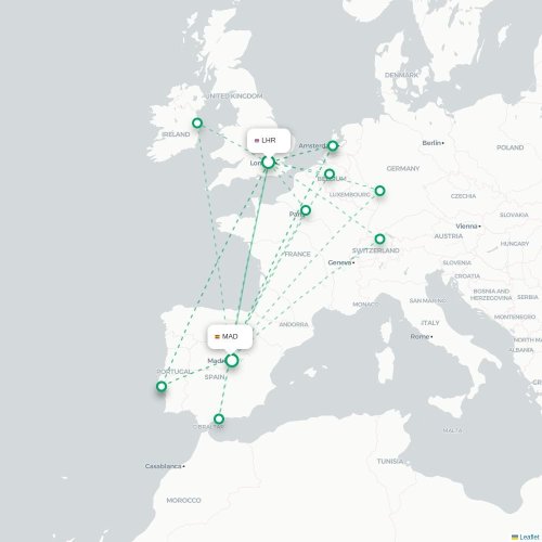 Mapa de vuelo directo Londres - Madrid