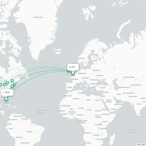 Mapa de vuelo directo Londres - Orlando