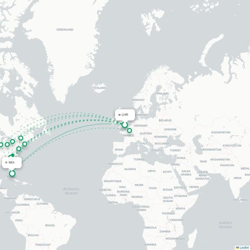 Mapa de vuelo directo Londres - Miami