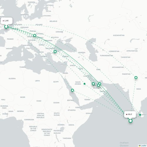 Mapa de vuelo directo Londres - Malé