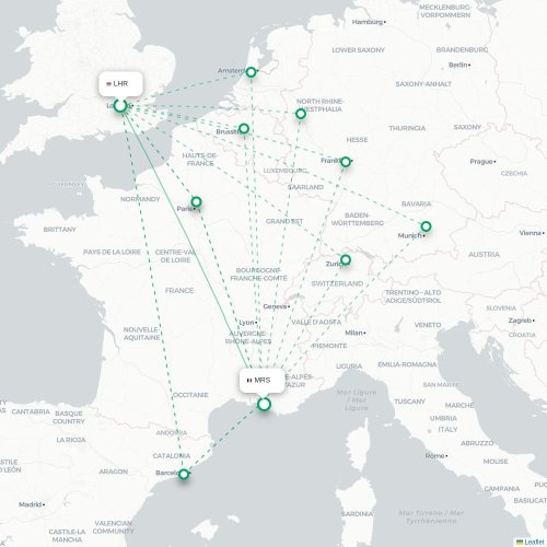 Mapa de vuelo directo Londres - Marsella