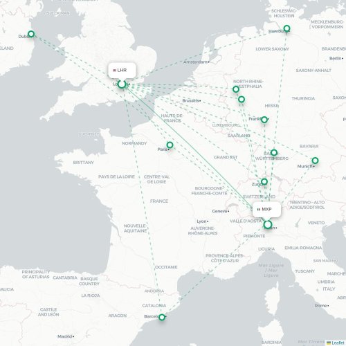 Mapa lotu bezpośredniego Londyn – Mediolan