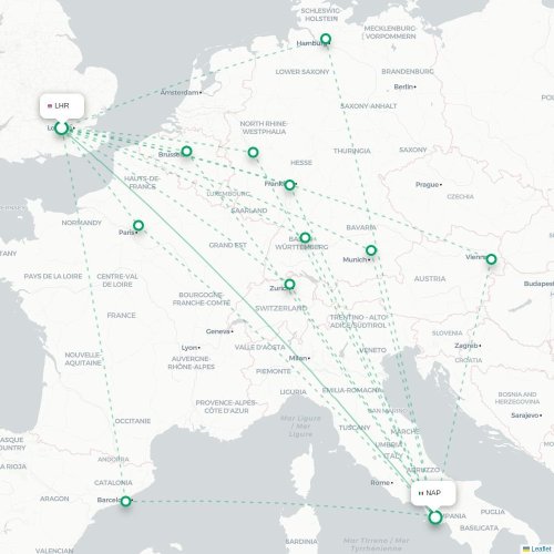 Mapa lotu bezpośredniego Londyn – Neapol