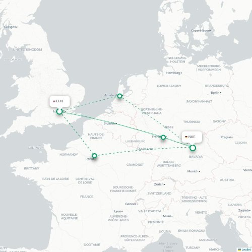 Mapa de vuelo directo Londres - Nuremberg