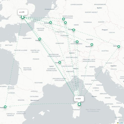 Mapa de vuelo directo Londres - Olbia