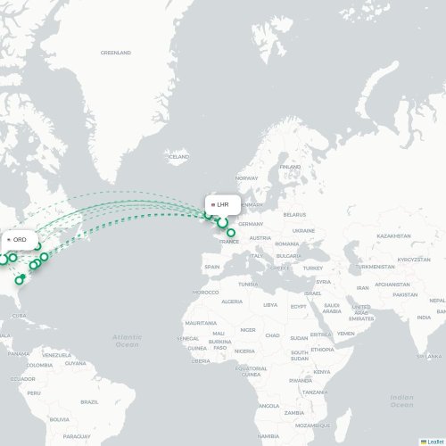 Mapa de vuelo directo Londres - Chicago
