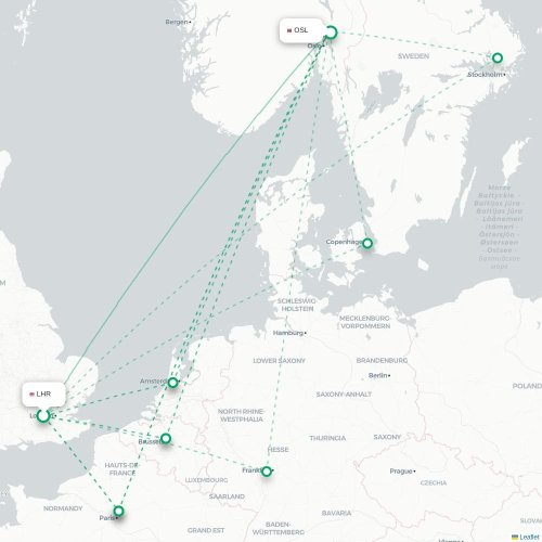 Mapa de vuelo directo Londres - Oslo