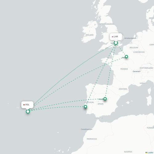 London - Ponta Delgada karta över direktflyg