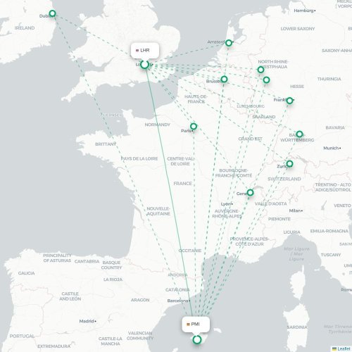 Mapa de vuelo directo Londres - Palma
