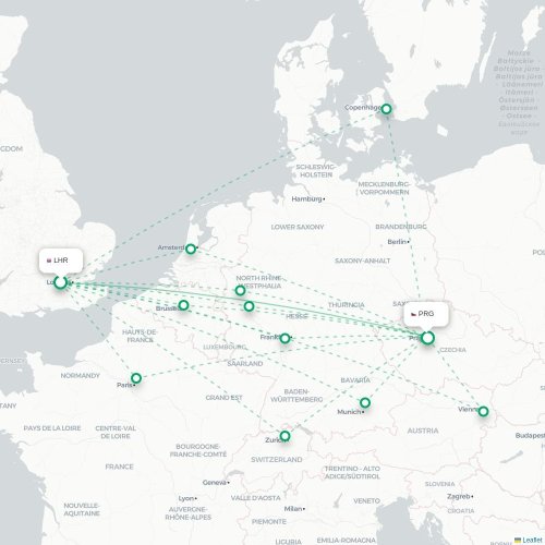 Mapa lotu bezpośredniego Londyn – Praga