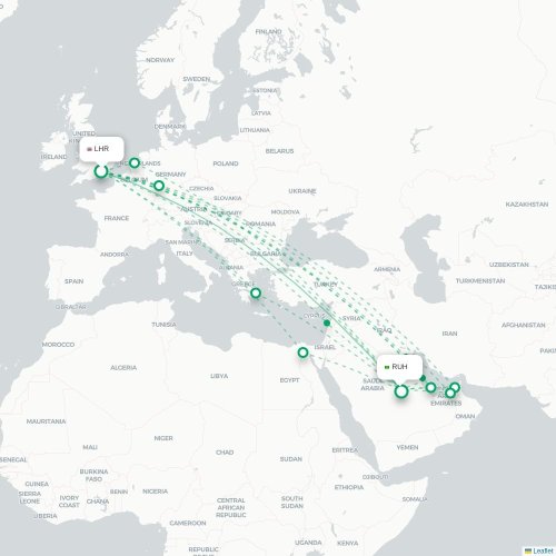 Mapa de vuelo directo Londres - Riad