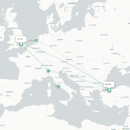 Mapa de vuelo directo Londres - Estambul