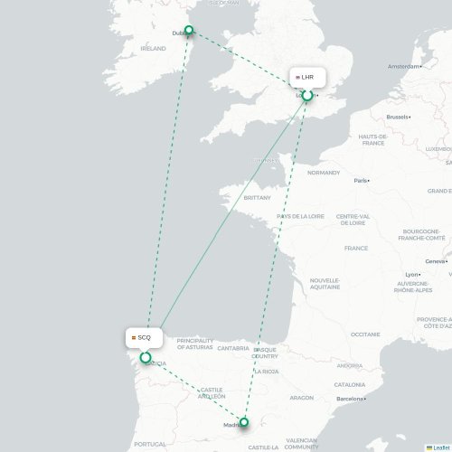 Mapa de vuelo directo Londres - Santiago de Compostela