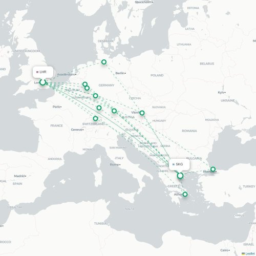 Mapa de vuelo directo Londres - Salónica