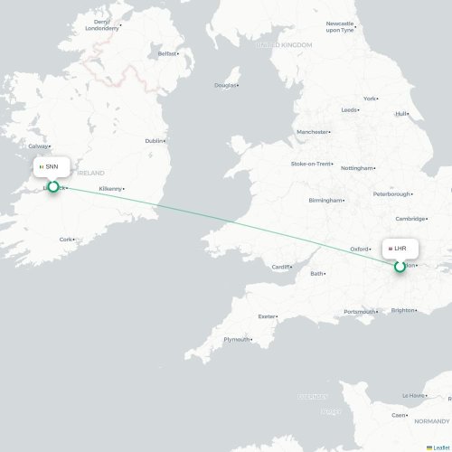 Mapa lotu bezpośredniego Londyn – Shannon