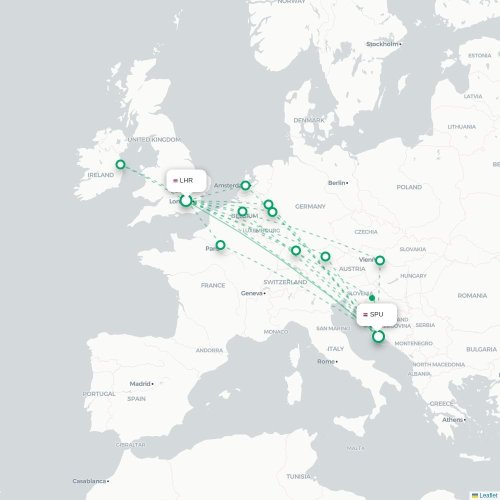 Mapa lotu bezpośredniego Londyn – Split