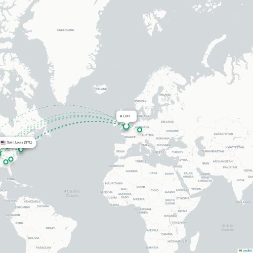 Mapa lotu bezpośredniego Londyn – Saint Louis