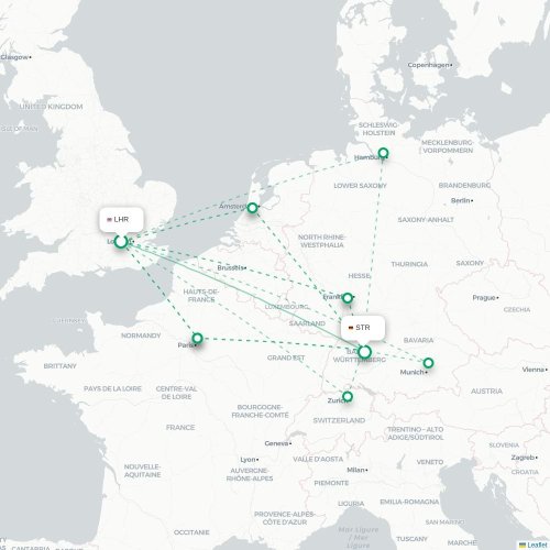 Mapa de vuelo directo Londres - Stuttgart