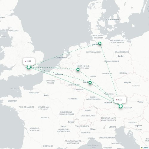 London - Salzburg karta över direktflyg